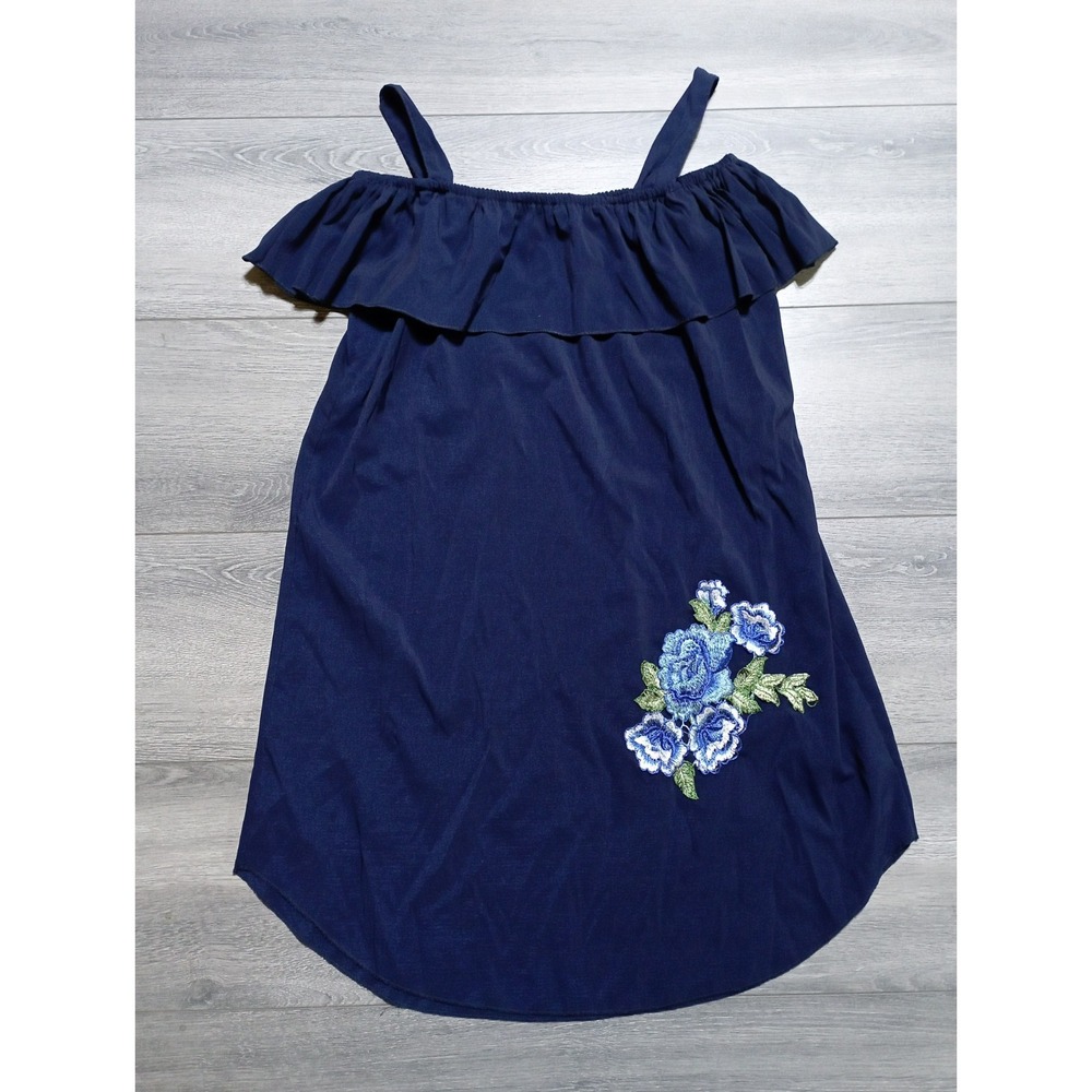 Hot Delicious Dress Medium Blue Embroidered Floral Cold Shoulder Women